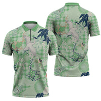 Green Palaka Crane and Flowers Zipper Polo Shirt Japan Heritage Spirit - Polynesian Pride