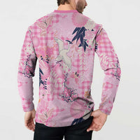 Pink Palaka Crane and Flowers Button Sweatshirt Japan Heritage Spirit - Polynesian Pride