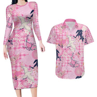 Pink Palaka Crane and Flowers Couples Matching Long Sleeve Bodycon Dress and Hawaiian Shirt Japan Heritage Spirit - Polynesian Pride