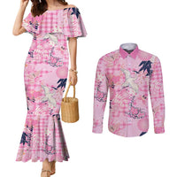 Pink Palaka Crane and Flowers Couples Matching Mermaid Dress and Long Sleeve Button Shirt Japan Heritage Spirit - Polynesian Pride