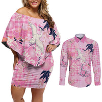 Pink Palaka Crane and Flowers Couples Matching Off Shoulder Short Dress and Long Sleeve Button Shirt Japan Heritage Spirit - Polynesian Pride