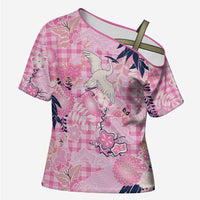 Pink Palaka Crane and Flowers Cross Shoulder Shirt Japan Heritage Spirit - Polynesian Pride