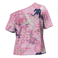 Pink Palaka Crane and Flowers Cross Shoulder Shirt Japan Heritage Spirit - Polynesian Pride