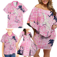 Pink Palaka Crane and Flowers Family Matching Off Shoulder Short Dress and Hawaiian Shirt Japan Heritage Spirit - Polynesian Pride