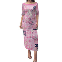 Pink Palaka Crane and Flowers Family Matching Puletasi and Hawaiian Shirt Japan Heritage Spirit - Polynesian Pride