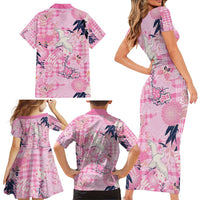 Pink Palaka Crane and Flowers Family Matching Short Sleeve Bodycon Dress and Hawaiian Shirt Japan Heritage Spirit - Polynesian Pride