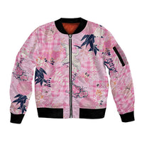 Pink Palaka Crane and Flowers Sleeve Zip Bomber Jacket Japan Heritage Spirit LT9 Unisex Pink - Polynesian Pride