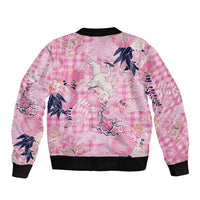 Pink Palaka Crane and Flowers Sleeve Zip Bomber Jacket Japan Heritage Spirit LT9 - Polynesian Pride