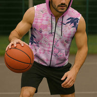 Pink Palaka Crane and Flowers Sleeveless Zip Hoodie Japan Heritage Spirit - Polynesian Pride