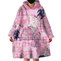 Pink Palaka Crane and Flowers Wearable Blanket Hoodie Japan Heritage Spirit - Polynesian Pride