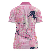 Pink Palaka Crane and Flowers Women Polo Shirt Japan Heritage Spirit - Polynesian Pride