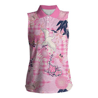 Pink Palaka Crane and Flowers Women Sleeveless Polo Shirt Japan Heritage Spirit - Polynesian Pride