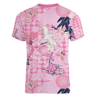 Pink Palaka Crane and Flowers Women V-Neck T-Shirt Japan Heritage Spirit - Polynesian Pride