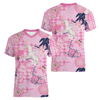 Pink Palaka Crane and Flowers Women V-Neck T-Shirt Japan Heritage Spirit - Polynesian Pride