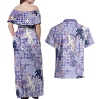 Purple Palaka Crane and Flowers Couples Matching Off Shoulder Maxi Dress and Hawaiian Shirt Japan Heritage Spirit - Polynesian Pride