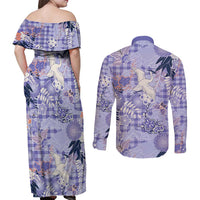 Purple Palaka Crane and Flowers Couples Matching Off Shoulder Maxi Dress and Long Sleeve Button Shirt Japan Heritage Spirit - Polynesian Pride
