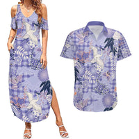 Purple Palaka Crane and Flowers Couples Matching Summer Maxi Dress and Hawaiian Shirt Japan Heritage Spirit - Polynesian Pride