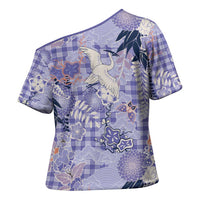 Purple Palaka Crane and Flowers Cross Shoulder Shirt Japan Heritage Spirit - Polynesian Pride