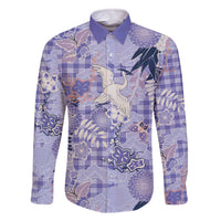 Purple Palaka Crane and Flowers Family Matching Off The Shoulder Long Sleeve Dress and Hawaiian Shirt Japan Heritage Spirit - Polynesian Pride