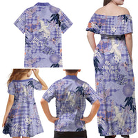 Purple Palaka Crane and Flowers Family Matching Off Shoulder Maxi Dress and Hawaiian Shirt Japan Heritage Spirit - Polynesian Pride
