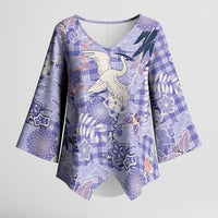 Purple Palaka Crane and Flowers Kimono Sleeve Blouse Japan Heritage Spirit - Polynesian Pride