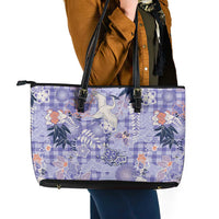 Purple Palaka Crane and Flowers Leather Tote Bag Japan Heritage Spirit - Polynesian Pride