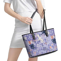 Purple Palaka Crane and Flowers Leather Tote Bag Japan Heritage Spirit - Polynesian Pride