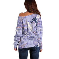 Purple Palaka Crane and Flowers Off Shoulder Sweater Japan Heritage Spirit - Polynesian Pride