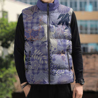 Purple Palaka Crane and Flowers Sleeveless Puffer Jacket Japan Heritage Spirit - Polynesian Pride