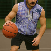 Purple Palaka Crane and Flowers Sleeveless Zip Hoodie Japan Heritage Spirit - Polynesian Pride