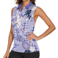 Purple Palaka Crane and Flowers Women Sleeveless Polo Shirt Japan Heritage Spirit - Polynesian Pride