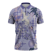 Purple Palaka Crane and Flowers Zipper Polo Shirt Japan Heritage Spirit - Polynesian Pride