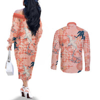 Red Palaka Crane and Flowers Couples Matching Off The Shoulder Long Sleeve Dress and Long Sleeve Button Shirt Japan Heritage Spirit - Polynesian Pride