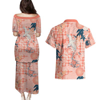 Red Palaka Crane and Flowers Couples Matching Puletasi and Hawaiian Shirt Japan Heritage Spirit - Polynesian Pride