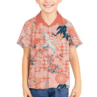 Red Palaka Crane and Flowers Family Matching Long Sleeve Bodycon Dress and Hawaiian Shirt Japan Heritage Spirit - Polynesian Pride