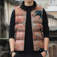 Red Palaka Crane and Flowers Sleeveless Puffer Jacket Japan Heritage Spirit - Polynesian Pride