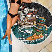 Personalized Japanese Koi Fish Ramen Beach Blanket Tiki Surfing Wagara Hibiscus Pattern