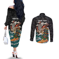 Personalized Japanese Koi Fish Ramen Couples Matching Off The Shoulder Long Sleeve Dress and Long Sleeve Button Shirt Tiki Surfing Wagara Hibiscus Pattern