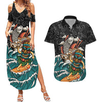 Personalized Japanese Koi Fish Ramen Couples Matching Summer Maxi Dress and Hawaiian Shirt Tiki Surfing Wagara Hibiscus Pattern