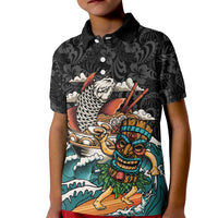 Personalized Japanese Koi Fish Ramen Kid Polo Shirt Tiki Surfing Wagara Hibiscus Pattern LT9 Kid Black - Polynesian Pride