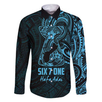 Blue Guam Latte Stone Tribal Tattoo Family Matching Long Sleeve Bodycon Dress and Hawaiian Shirt Hafa Adai Six 7 One