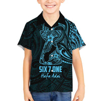 Blue Guam Latte Stone Tribal Tattoo Family Matching Long Sleeve Bodycon Dress and Hawaiian Shirt Hafa Adai Six 7 One