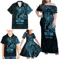 Blue Guam Latte Stone Tribal Tattoo Family Matching Off Shoulder Maxi Dress and Hawaiian Shirt Hafa Adai Six 7 One