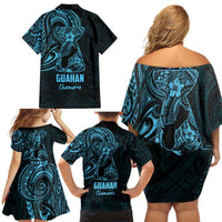 Blue Guam Latte Stone Tribal Tattoo Family Matching Off Shoulder Short Dress and Hawaiian Shirt Hafa Adai Six 7 One