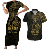 Gold Guam Latte Stone Tribal Tattoo Couples Matching Short Sleeve Bodycon Dress and Hawaiian Shirt Hafa Adai Six 7 One