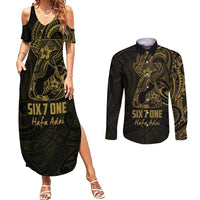 Gold Guam Latte Stone Tribal Tattoo Couples Matching Summer Maxi Dress and Long Sleeve Button Shirt Hafa Adai Six 7 One