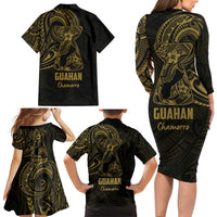Gold Guam Latte Stone Tribal Tattoo Family Matching Long Sleeve Bodycon Dress and Hawaiian Shirt Hafa Adai Six 7 One