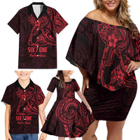 Oxblood Guam Latte Stone Tribal Tattoo Family Matching Off Shoulder Short Dress and Hawaiian Shirt Hafa Adai Six 7 One