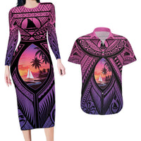 Guam Chamorro Artsy Couples Matching Long Sleeve Bodycon Dress and Hawaiian Shirt Guahan Sunset Beach