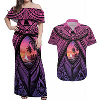 Guam Chamorro Artsy Couples Matching Off Shoulder Maxi Dress and Hawaiian Shirt Guahan Sunset Beach